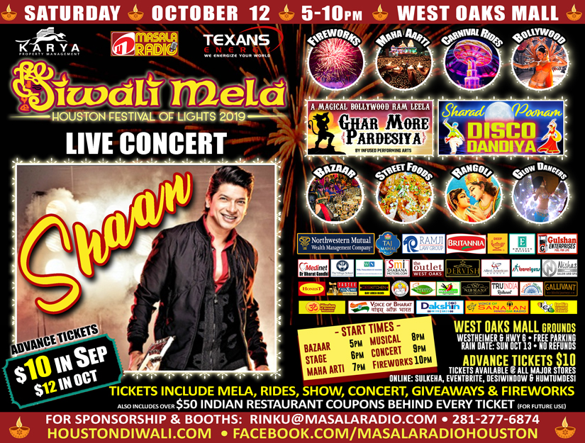 Bollywood fame *Shaan* Live in Concert on Sat 10/12 Houston's Diwali